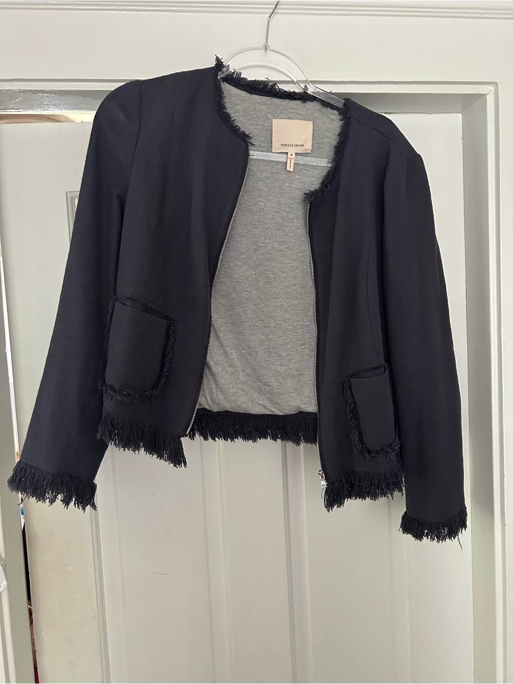 Rebecca Taylor Navy Fringed Open-Front Blazer with Zipper